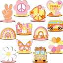 RattanView 12 Pcs Groovy Party Decorations Groovy Centerpieces for Tables Two Birthday Party Favors Hippie Bohemian Wooden Signs for Table Retro Rainbow Daisy Bus Table Topper