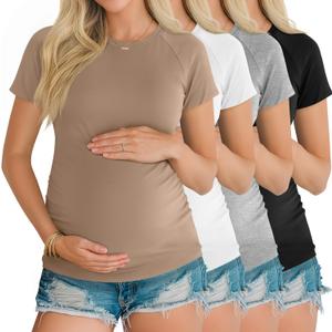 Oakgarden 4 Pack Women's Maternity Shirts Pregnancy Tunic Tops Raglan Short Sleeve Crew Neck Casual Mama Clothes (Medium, Khaki, White, Light Gray, Black)