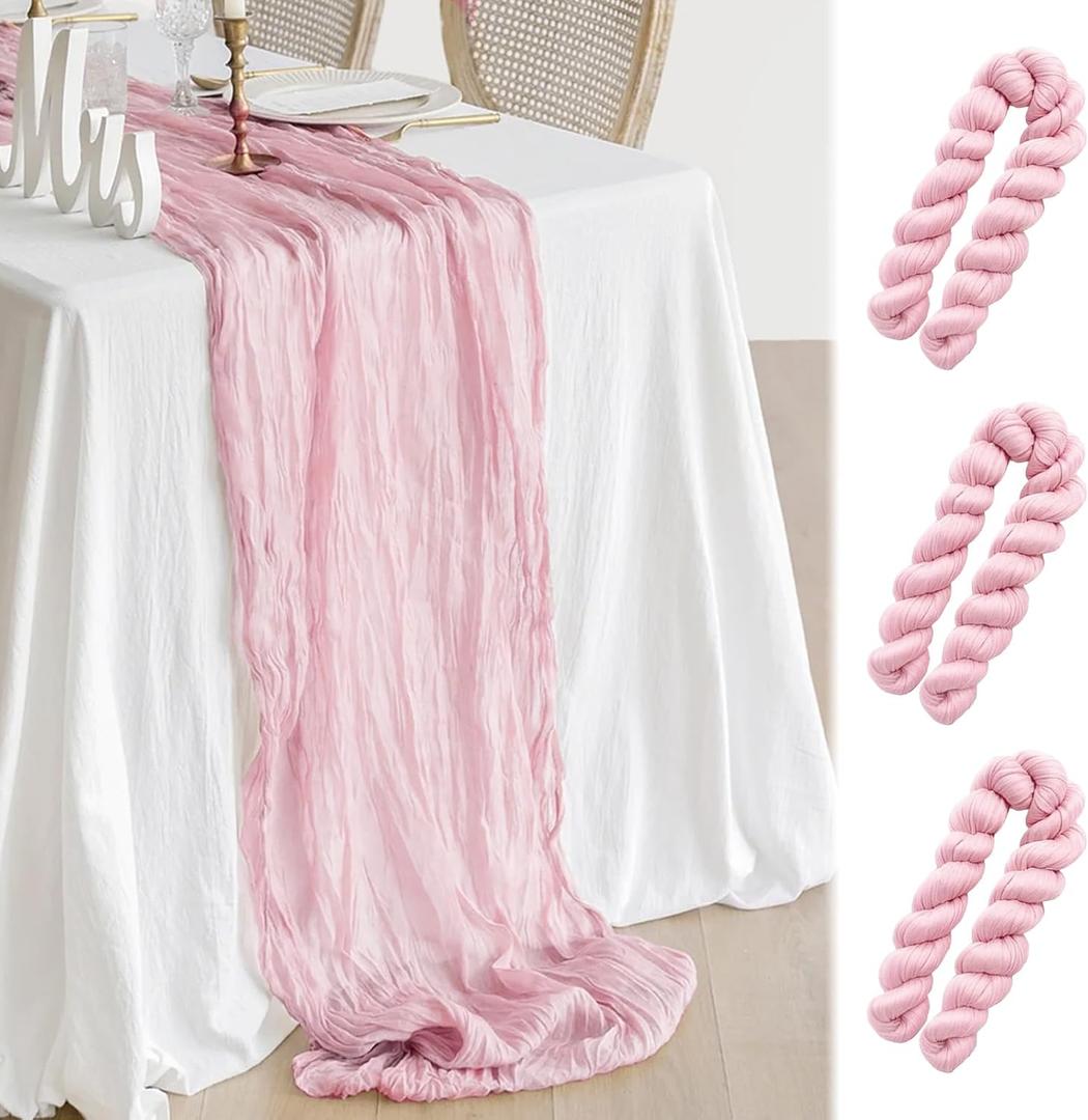 3 Pcs Light Pink Cheesecloth Table Runner, 35"120" Cheese Cloth Boho Gauze Rustic Sheer Table Runner, Table Decorations for Valentine'Day Baby Shower Birthday Wedding Bridal Holiday Home Decor
