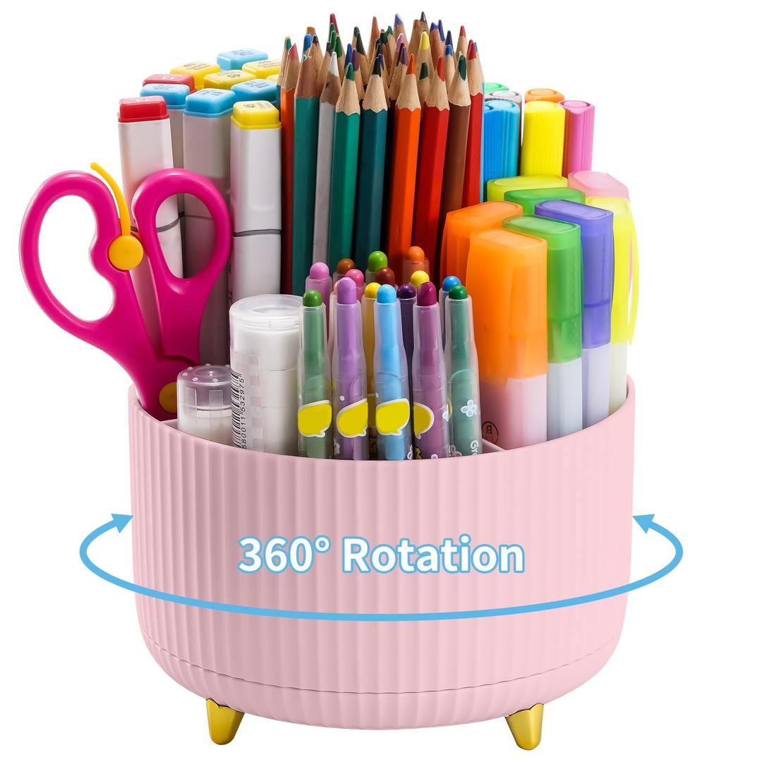 Marbrasse Desk Organizer, 360-Degree Rotating Pen Holder, Desk Organizers and Accessories with 5 Compartments Pencil Organizer, Art Supply Storage Box Caddy for Office, Home(Pink)