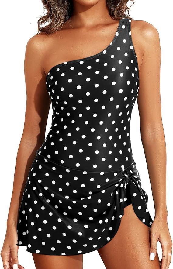 Tempt Me Women One Piece Swim Dress One Shoulder Swimsuit with Skirt Tummy Control Swimdress Bathing Suit (Large, Black)