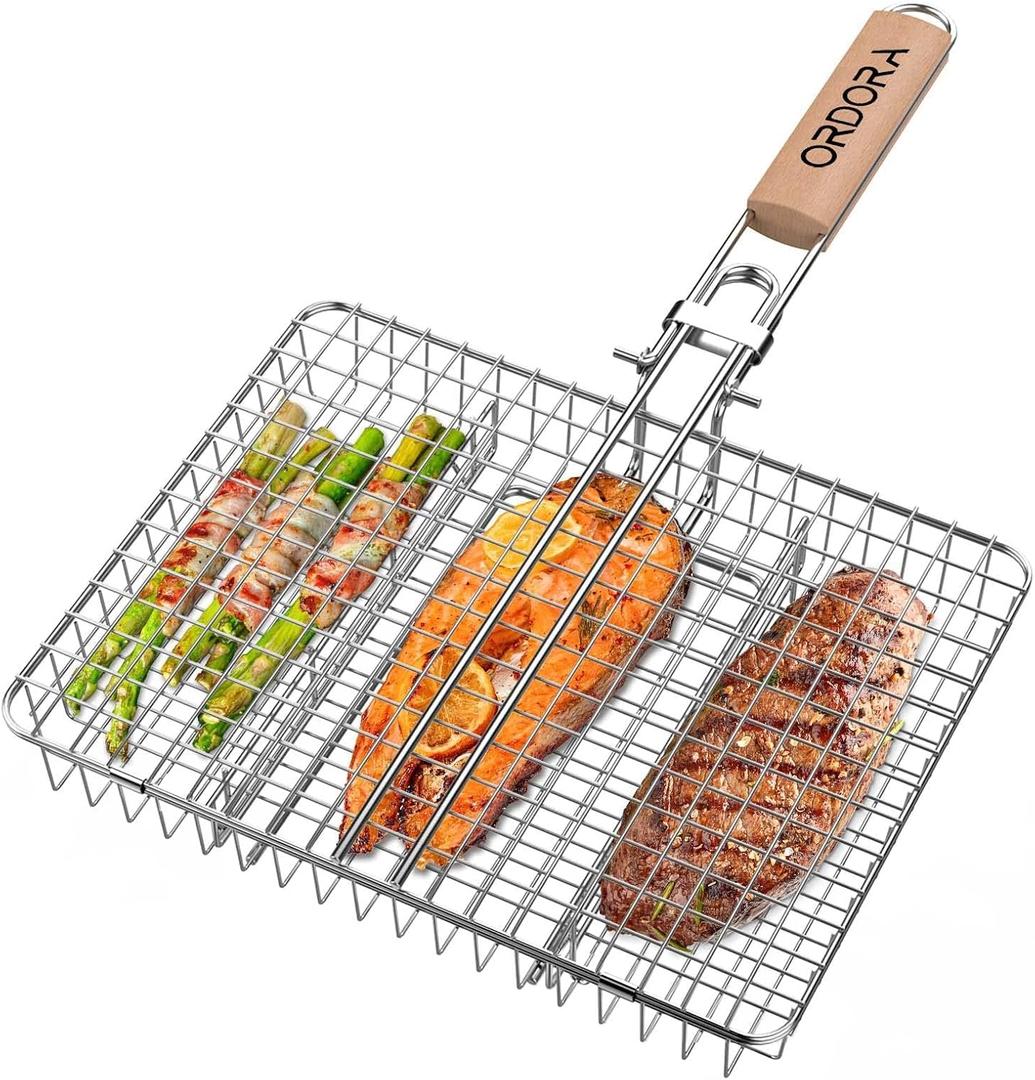 ORDORA Grill Basket, Fish Griling Rack, Rustproof Stainless Steel BBQ Grilling Basket for Meat,Steak etc, Grill Accessories,Grilling Gifts for Men Dad