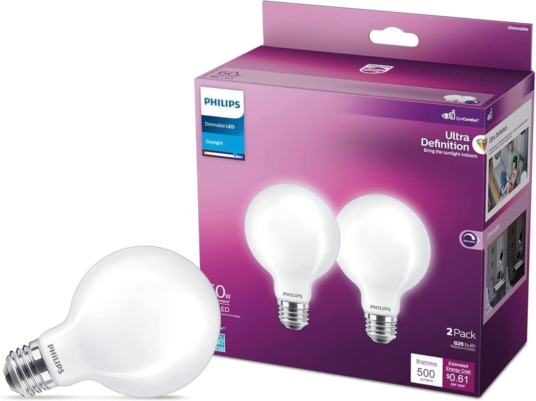 PHILIPS LED 60W G25 2-Pack Ultra Definition Daylight (5000K) 500 Lumen (5W = 60W) Dimmable Frosted Flicker-Free Light Bulbs