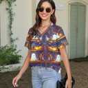 Women Halloween Shirt Funny Pumpkin Face Graphic Tees Autumn Casual V-Neck Fall Short Sleeve Loose Tops (L)