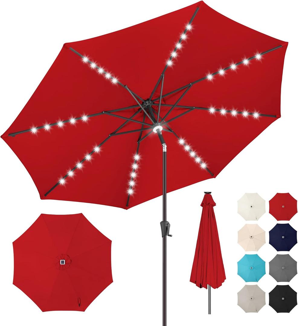 7.5ft Solar Umbrella Outdoor - Lighted Patio Umbrella with 24 LED Lights Waterprool Uv Protection, Table Umbrella with Tilt & Crank for Pool, Porch, Garden, Deck, Backyard (Red)