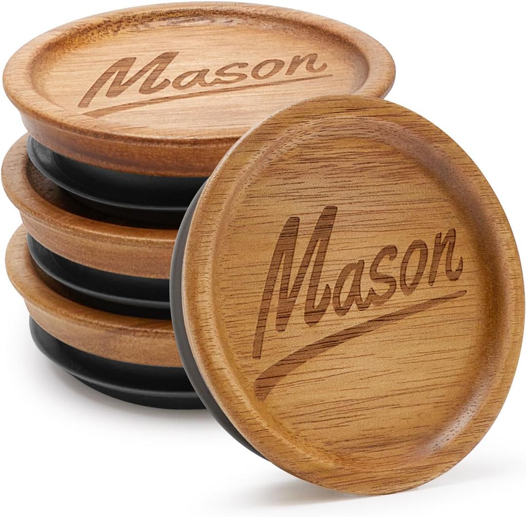4 Pack Mason Jar Lids Wide Mouth Canning Jar Acacia Wood Jars Tops with Wooden Lid for Mason Jar Storage Accessories Silicone Glass Cover Reusable Can Lid Large Mouth Jars Lids