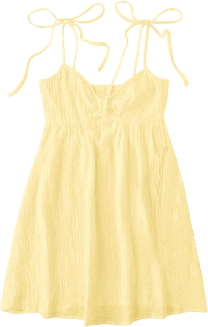 SOLY HUX Women's Summer Cami Sun Dress A Line Tie Shoulder Y2k Cute Casual Short Mini Beach Babydoll Dresses (Yellow, XS)