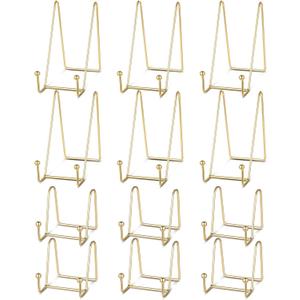 Dimeho 12 Pcs Plate Display Stands Gold Photo Holder Metal Easel Holders Picture Frame Stands for Tabletop Decorative Display Book Creation Collectibles Plaque Art