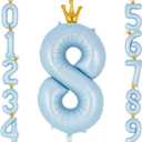 Crown Blue Number 8 Balloon 40 Inch, Big Large Foil Helium Number Balloons, Jumbo Giant Mylar Number 8 Balloons for 8 Year Old Birthday Party Decorations Supplies Anniversary Celebration