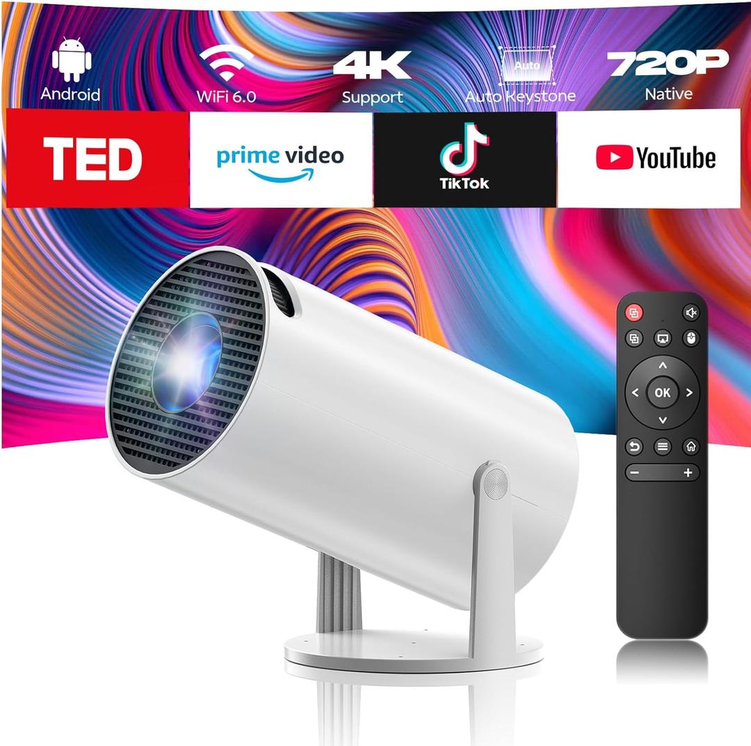 Projector with WiFi and Bluetooth, Mini Projector, 4K 1080P Support Portable Wireless Movie Projectors 220 Rotatable 130'' Screen Auto Keystone Compatible with HDMI/iPhone/TV Stick for Bedroom Indoor (White)