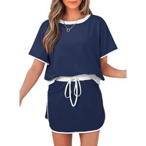 Womens 2 Piece Skort Set 2026 Color Block Short Sleeve Top Drawstring Skort Matching Sets Casual Lounge Summer Outfit (Small, Navy)