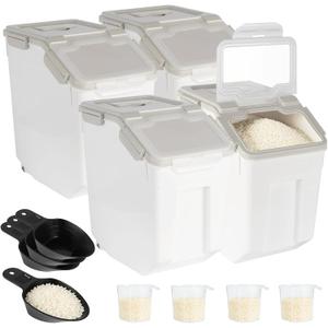 4 Pack Rice Container 25 lbs Large Bulk Flour Sugar Storage Holdhouse Plastic Grain Cereal Dry Goods Bin with Spoon and Measuring Cup for Kitchen Pantry Organization - Grey, 12.6''*9.05''*14.17''