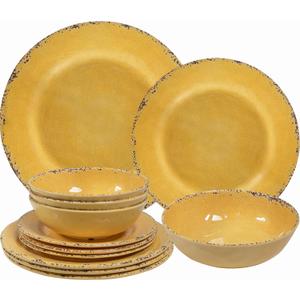 12-Piece Rustic Melamine Dinnerware Set With Dinner Plate, Salad Plate And Large Capacity All Purpose Bowls,Service for 4, Indoor And Outdoor Use, Yellow