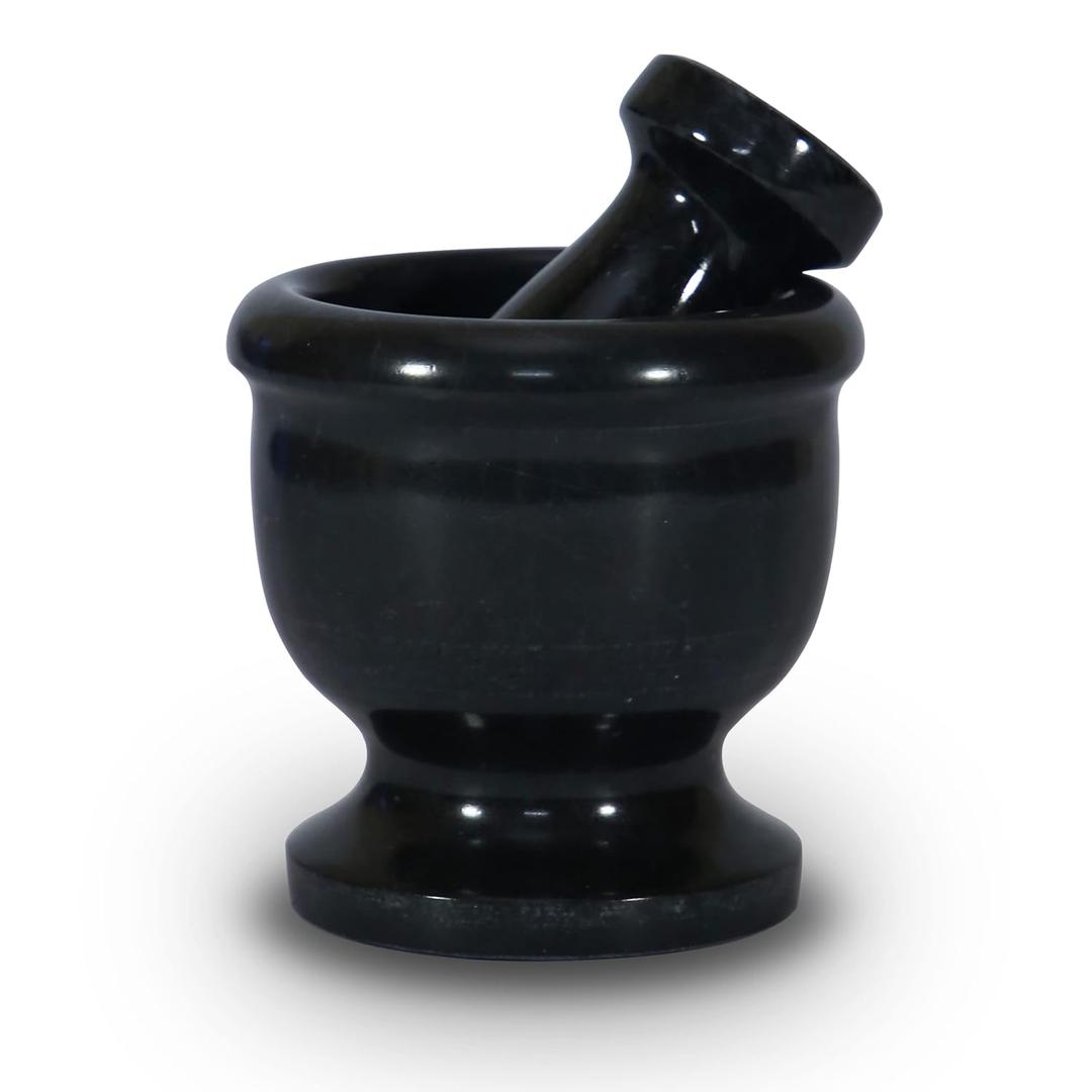 Mini Mortar and Pestle Set  2.5 Marble Stone Grinder with Polished Bowl & Non-Slip Base | Small Spice Crusher, Herb Grinder & Pill Crusher (Black)