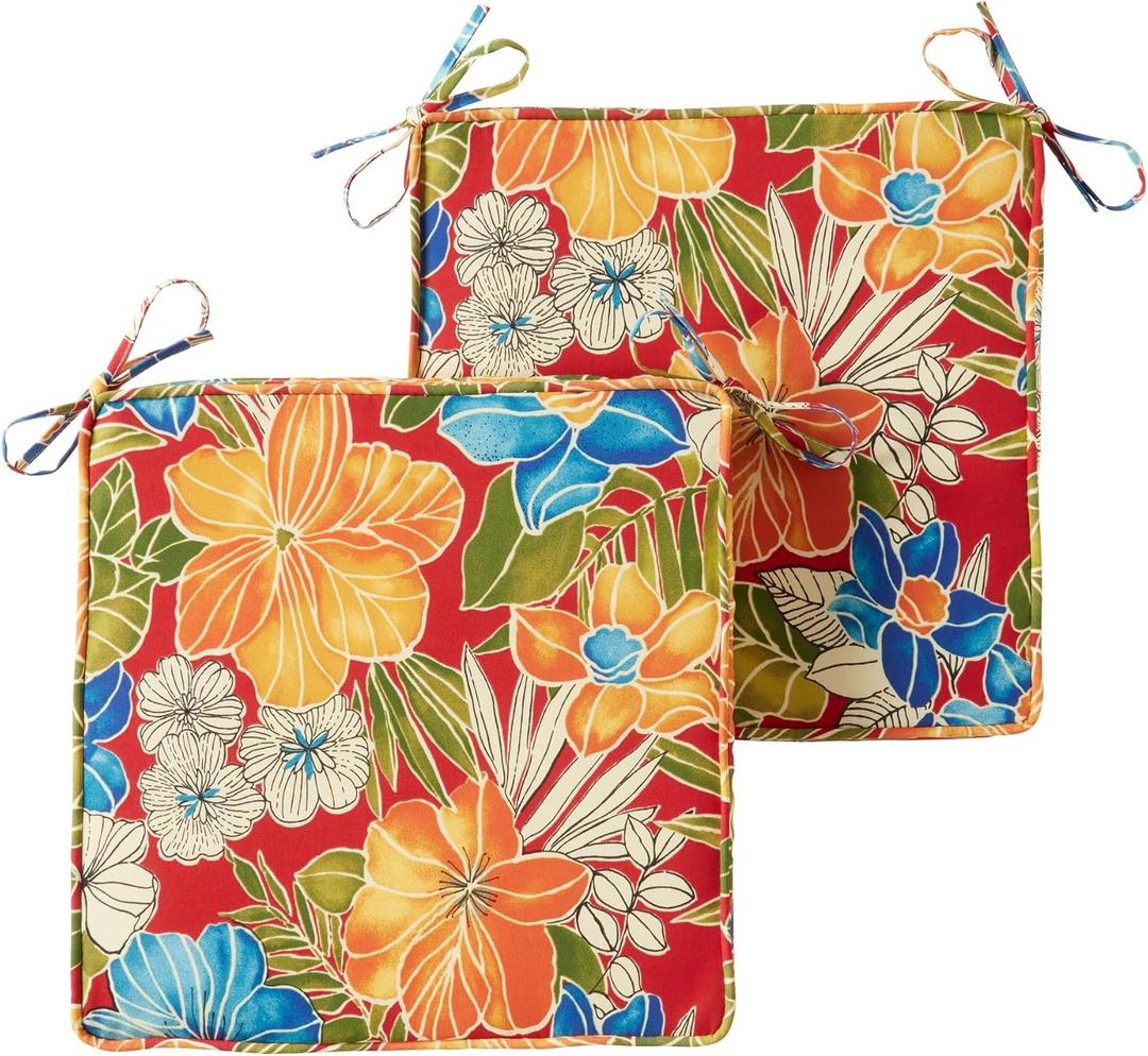 Outdoor 18 inch Square Patio Dining Chair Pads – Comfortable Fiber-Filled Seat Cushions with Ties, Reversible Polyester Fabric - Aloha Red Floral, Set of 2