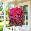 Artificial Geraniums Faux Hanging Plants Flowers Basket for Outdoors, Fake Silk Geraniums Vines in Planter UV Resistant Look Real Spring Summer Outdoor Decorations for Outside Yard Patio, Hotpink