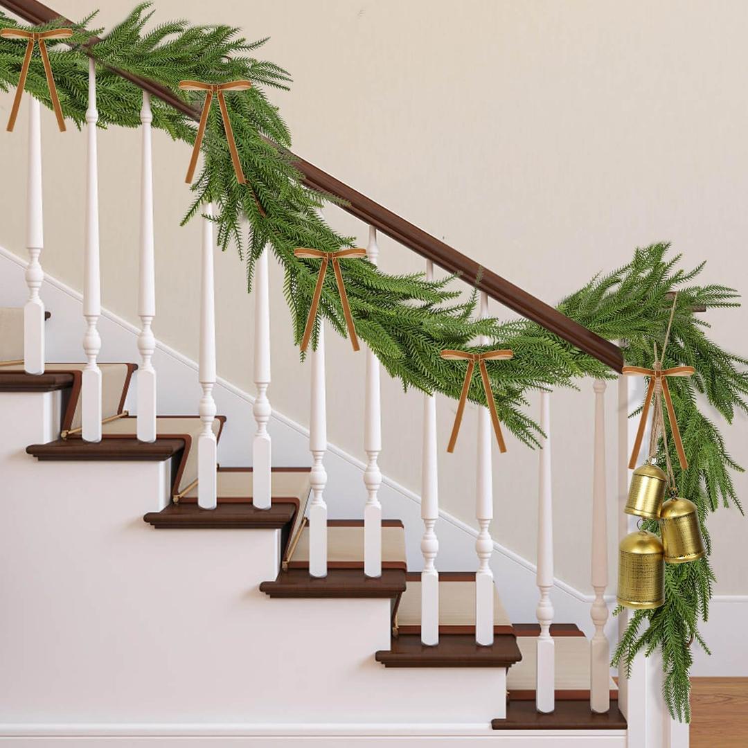 6 Feet Artificial Norfolk Pine Garlands with Christmas Bells and Velvet Ribbon for Christmas Decorations, Real Touch Pine Garland for Table, Mantle, Stairs