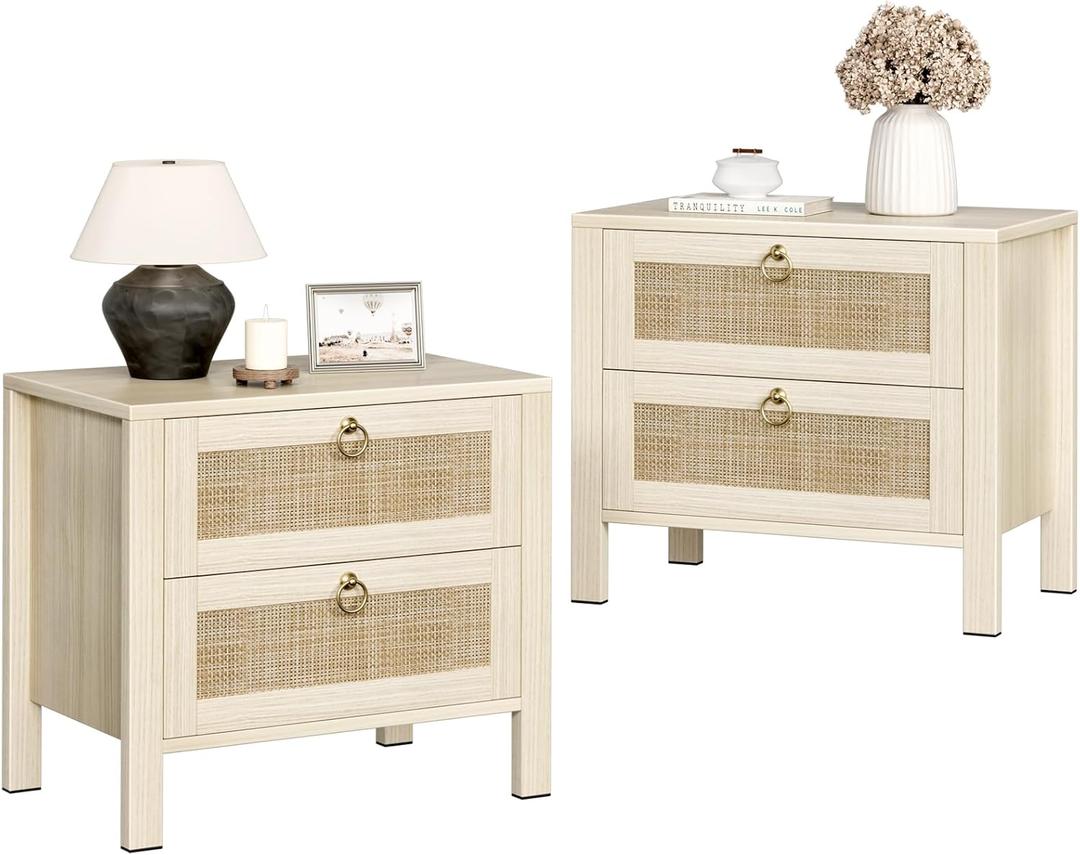 BOLUO Wood Wide Night Stand Set 2, Large Nightstand with 2 Drawers Boho Nightstands Wooden Rattan Bedside Table for Bedroom