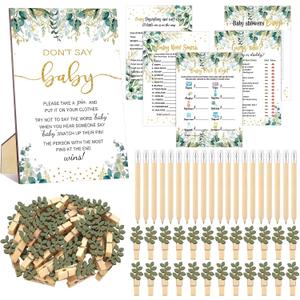 Patelai 321 Pcs Greenery Baby Shower Game Decorations Sage Green Baby Shower Decorations 5 Set Games Bingo Don't Say for 50 Guests Eucalyptus Clothespins for Gender Reveal Birthday Party Supplies