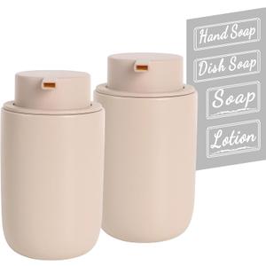 BosilunLife Foaming Soap Dispenser Set - Khaki Ceramic Foam Hand Dispenser 12oz Soap Dispenser Set with Rust Proof Pump, 4Pcs Clear Stickers for Kitchen, Bathroom - 2 Pack