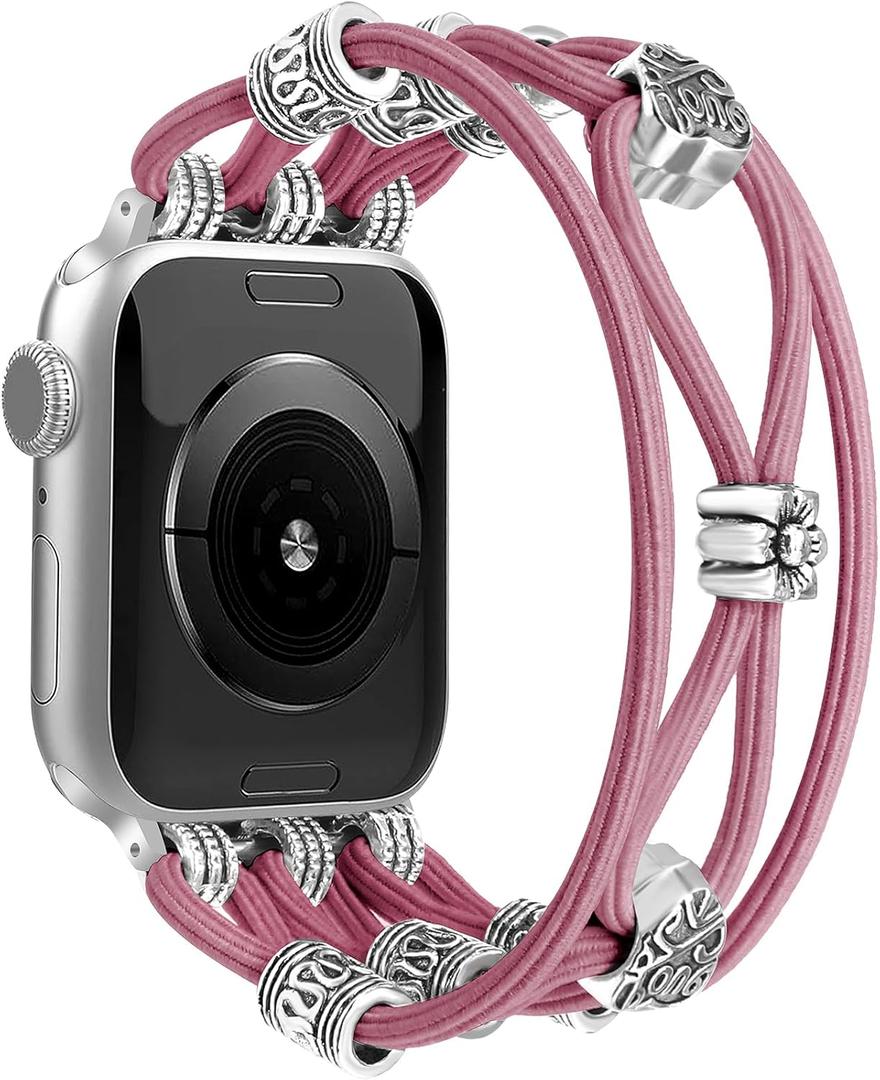 Newlibery Beaded Bracelet Compatible with Apple Watch Band 41mm 38mm 44mm 42mm 45mm 46mm 49mm Women Boho Braided Solo Loop Nylon Stretchy Dressy Strap for iWatch Serie11/10/9/8/7/6/5/4 SE 3/2/1 Ultra