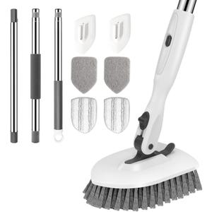 SetSail Floor Scrub Brush, 3-in-1 Tile Tub Floor Scrubber with 52-inch Adjustable Long Handle Shower Cleaner Brush and 4 Detachable Replacement Brush Heads for Cleaning Bathroom Tub Tile, White Grey