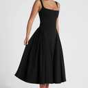 Mieazom Women's Summer Mock Knot Front Maxi Dress Sleeveless Square Neck Corset Ruched Waist Emipre Flowly Casual Dresses, Small, Black