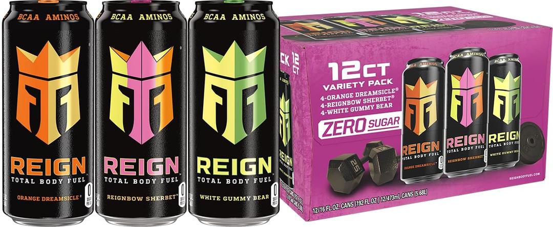 REIGN Total Body Fuel Variety Pack, Orange Dreamsicle, Reignbow Sherbet, White Gummy Bear, Fitness & Performance Drink, 16 Fl Oz (Pack of 12) (EXP 01/24/28)