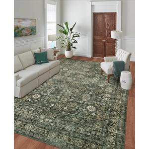 Morebes Vintage Dark Green Living Room Rug, 9x12 Area Rug Large Washable Rugs for Bedroom, Soft Dining Room Carpet Non-Slip Non-Shedding Throw Rug for Farmhouse Indoor Kids Playroom