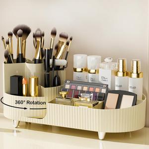 360 Rotating Vanity Makeup Organizer with Brush Holder, Large Spinning Cosmetic Storage for Skincare, Perfumes and Lotions (Ivory)