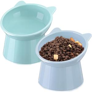 Zhehao 2 Pieces Plastic Raised Bowl Tilted 15 Degrees Elevated Cat Food and Water Bowls Set Anti Vomit Dog Kitten Food Dishes Pet for Cats and Small Dogs(Cat Ears,Light Green, Blue)