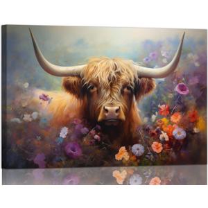 Cow Pictures Wall Decor Highland Cow Canvas Wall Pictures Farmhouse Wall Art Western Wall Decor Rustic Art Painting Animal Theme Artwork for Living Room Bedroom Home Office Decorations, Ready to Hang (36L" x 24W")
