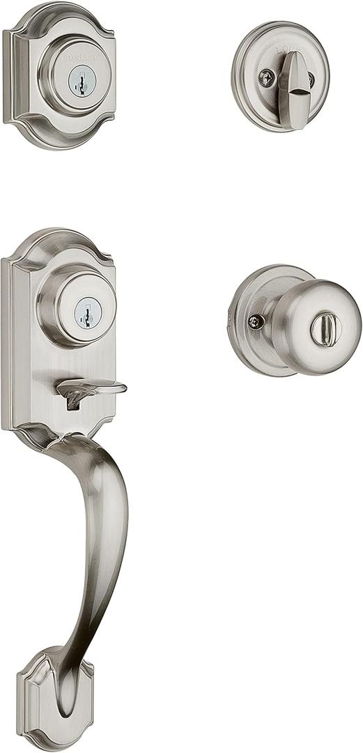Kwikset Montara Front Door Lock Handle and Deadbolt Set, Entry Handleset Exterior with Interior Door Knob, Satin Nickel, Pick Resistant SmartKey Rekey Deadbolt Security