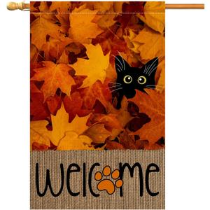 BLKWHT Fall Leaves Cat House Flag 28x40 Vertical Double Sided Welcome Maple Leaf Autumn Thanksgiving Holiday Outside Decorations Burlap Yard Flag BW828-40