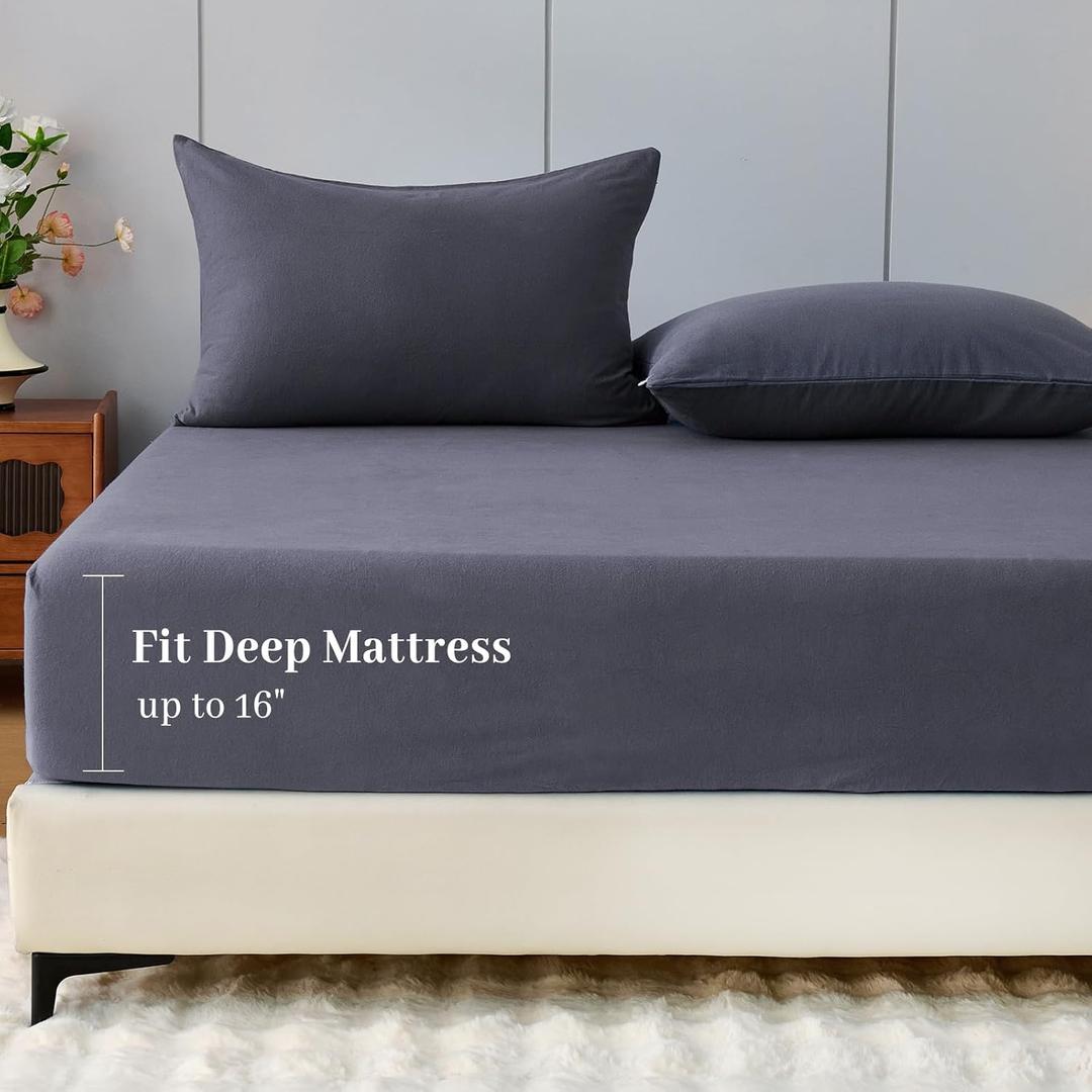 100% Cotton Flannel Fitted Sheet Only, Ultra Soft Cozy Warm Fitted Bottom Sheet for All Season, 16" Deep Pocket, Dark Grey, Queen