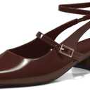 Coutgo Womens Mary Jane Chunky Low Heels Closed Square Toe Ankle Strap Pumps Wedding Party Dress Shoes (8.5, Coffee)