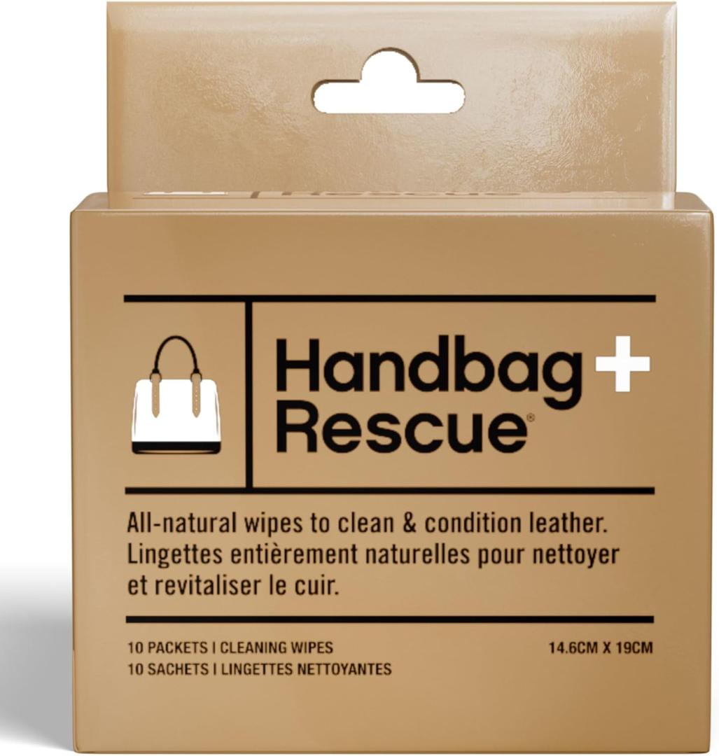 HandBagRescue All-Natural Cleaning Wipes. Remove Dirt & Surface Stains & Conditions Leather Handbags with Essential Oil. Box of 10 Individually Wrapped Wipes.