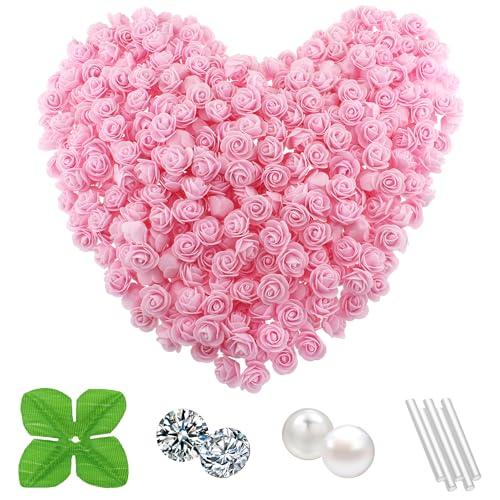 Vignor 500 Pcs 1.4 Inch Mini Artificial Flowers Head Bulk 5 in 1 Set Faux Foam Fake Small Rose Tiny Baby Flores Bouquet Cake Gift Home Decoration DIY Craft (Light Pink)