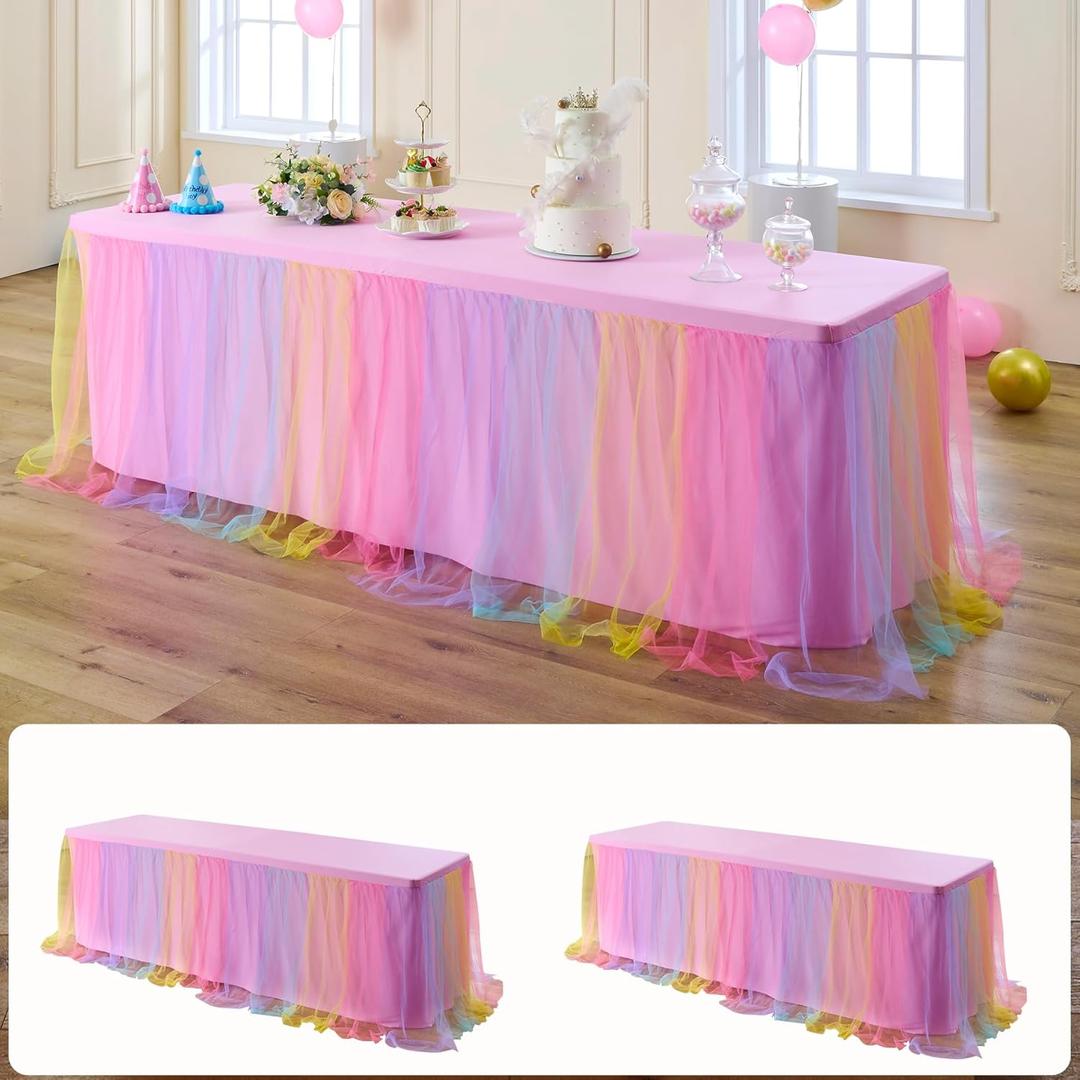 2 pk 8ft Rainbow Tulle Tablecloth for Rectangle Tables, 2-in-1 Pastel Color Table Covers with Tulle Skirt,Wrinkle Free Stretchy Ruffle Tulle Table Cloths Fitted for Wedding Party Banquet Vendor