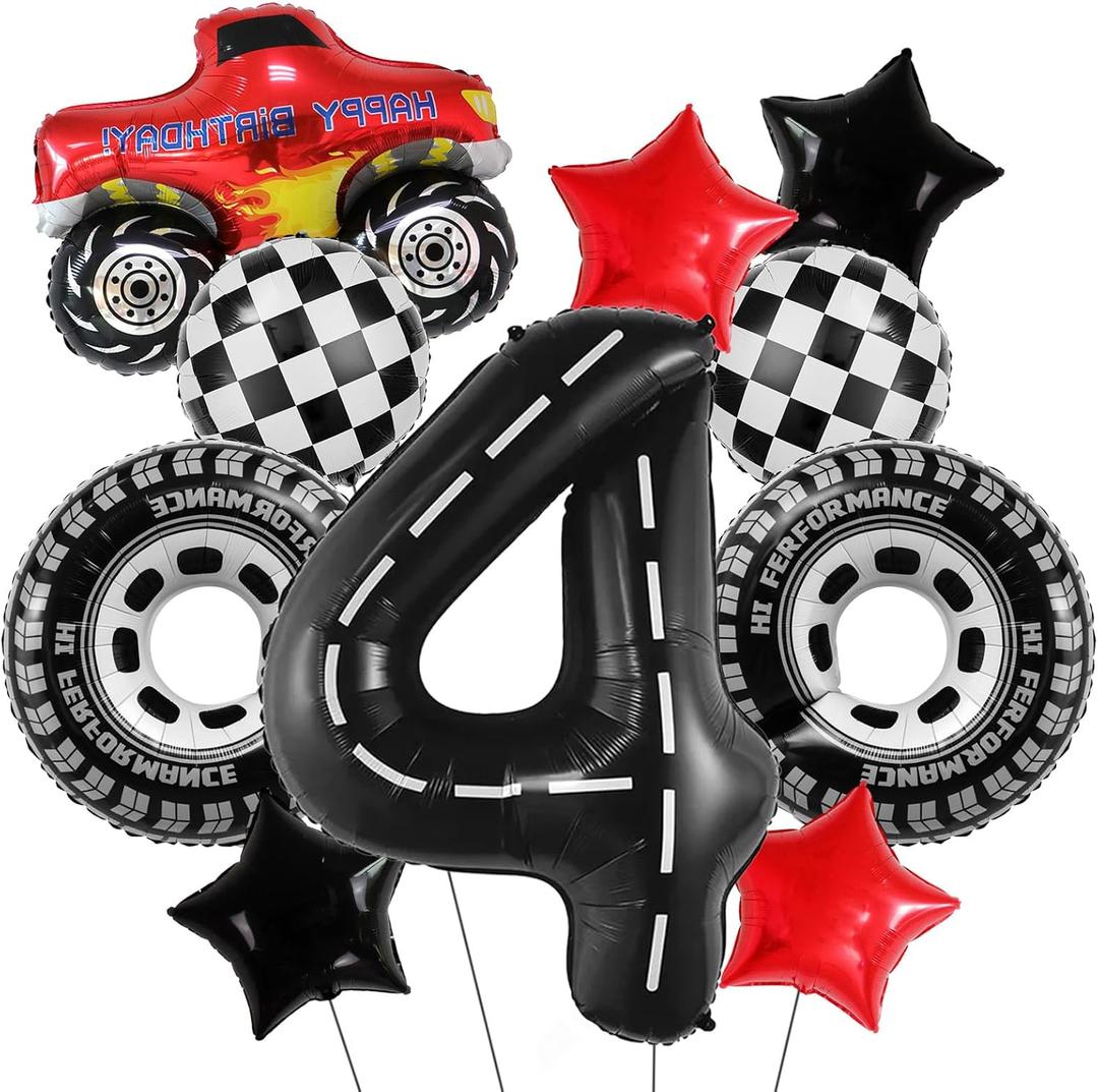 Truck Party Decorations  10PCS Truck Balloons Set with Tires, Stars, Checkered Patterns & Number 4 Foil Balloon for 4th Birthday Party Supplies