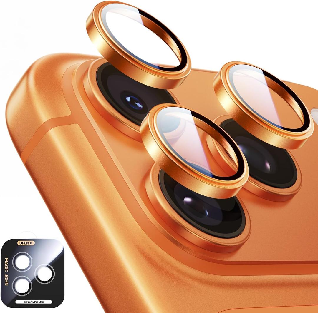 MAGIC JOHN for iPhone 17 Pro Max/17 Pro Camera Lens Protector [Alignment Kit&1:1 Invisible Fit] 9H Aerospace Tempered Glass, Ultra HD, Metal Individual Ring, Set of 2,Orange