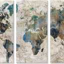 Goldfoilart Vintage World Map Canvas Wall Art Large Poster Teal Blue Painting Pictures Artwork Decor for Living Room Bedroom Office Kitchen Decorations 16" x 32" x 3pcs