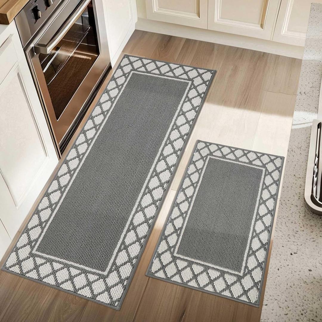 COSY HOMEER Washable Kitchen Rugs Sets of 2 Non-Slip Kitchen Mats for Floor Absorbent Kitchen Runner Rug for Kitchen Carpet,Sink Mat and Laundry, 20"x30"+20"x48",Grey