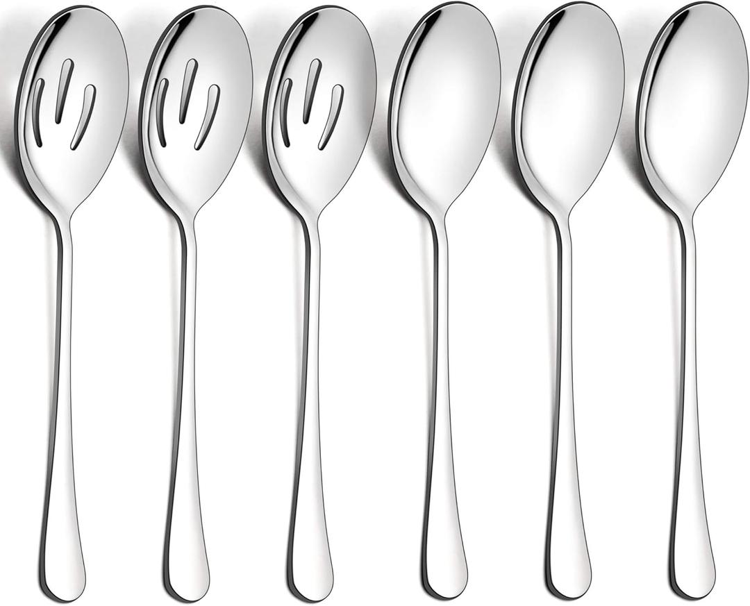 LIANYU 6 Pack Serving Spoons Set, Stainless Steel Large Slotted Spoons, Buffet Dinner Restaurant Serving Utensils, Catering Set for Party Banquet, 9.8 Inch (Silver)