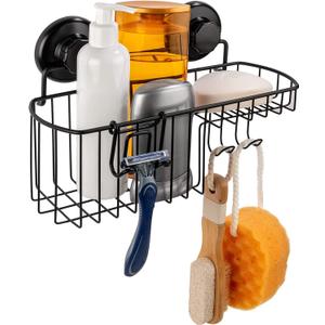HASKO Shower Caddy Suction Cup, Shower Shelf with Soap Dish and Hooks Organizer, Suction Bathroom Shelf for Storage, Wall Mounted Basket, Black (Black (1 Pack)) HASKO Shower Caddy Suction Cup, Shower Shelf with Soap Dish and Hooks Organizer, Suction Bathroom Shelf for Storage, Wall Mounted Basket, Black (Black (1 Pack))