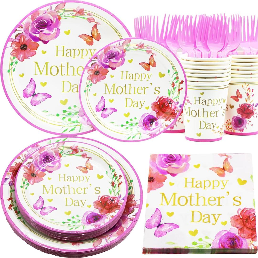 Mother's Day Party Supplies, Mother's Day Paper Plates and Napkins, Happy Mother's Day Party Decorations, Mother's Day Paper Plates, Cups, Napkins Party Tableware Set, Serves 20