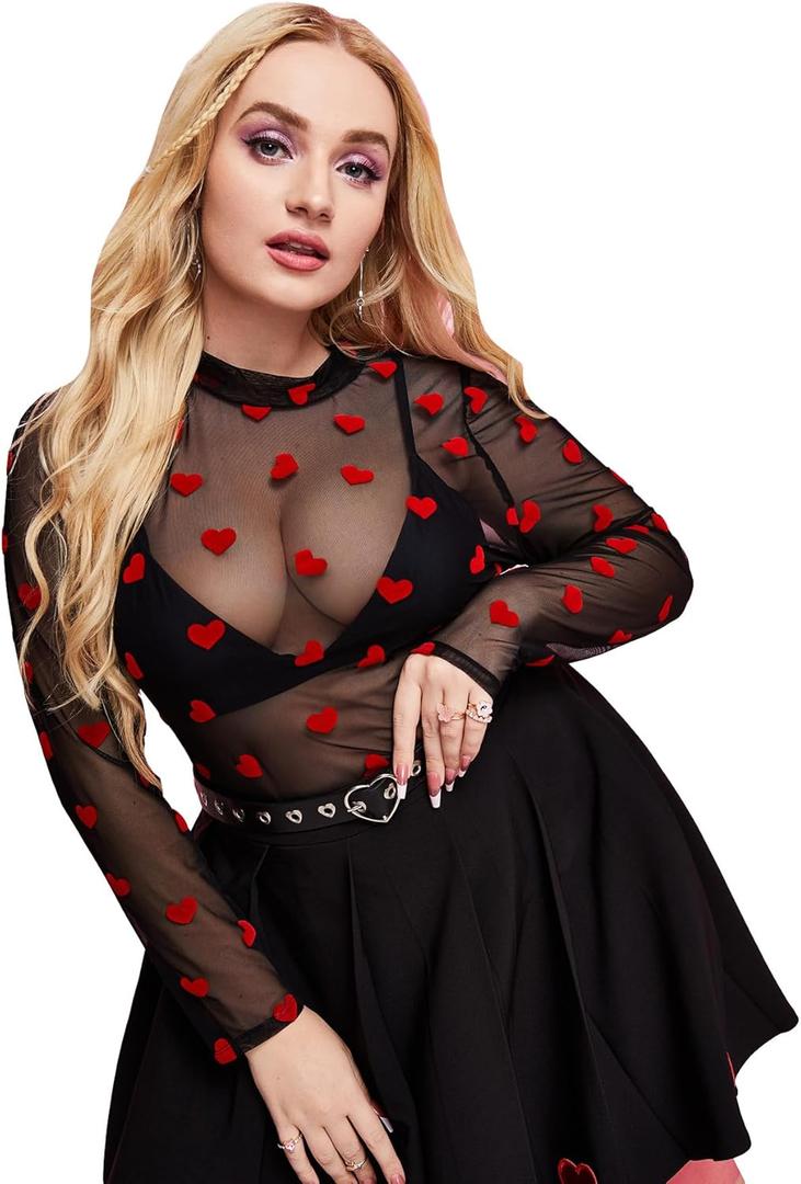 WDIRARA Women's Plus Size Floral Print Sheer Mesh Top Round Neck Long Sleeve Blouse (XX-Large Plus, Black Lip)