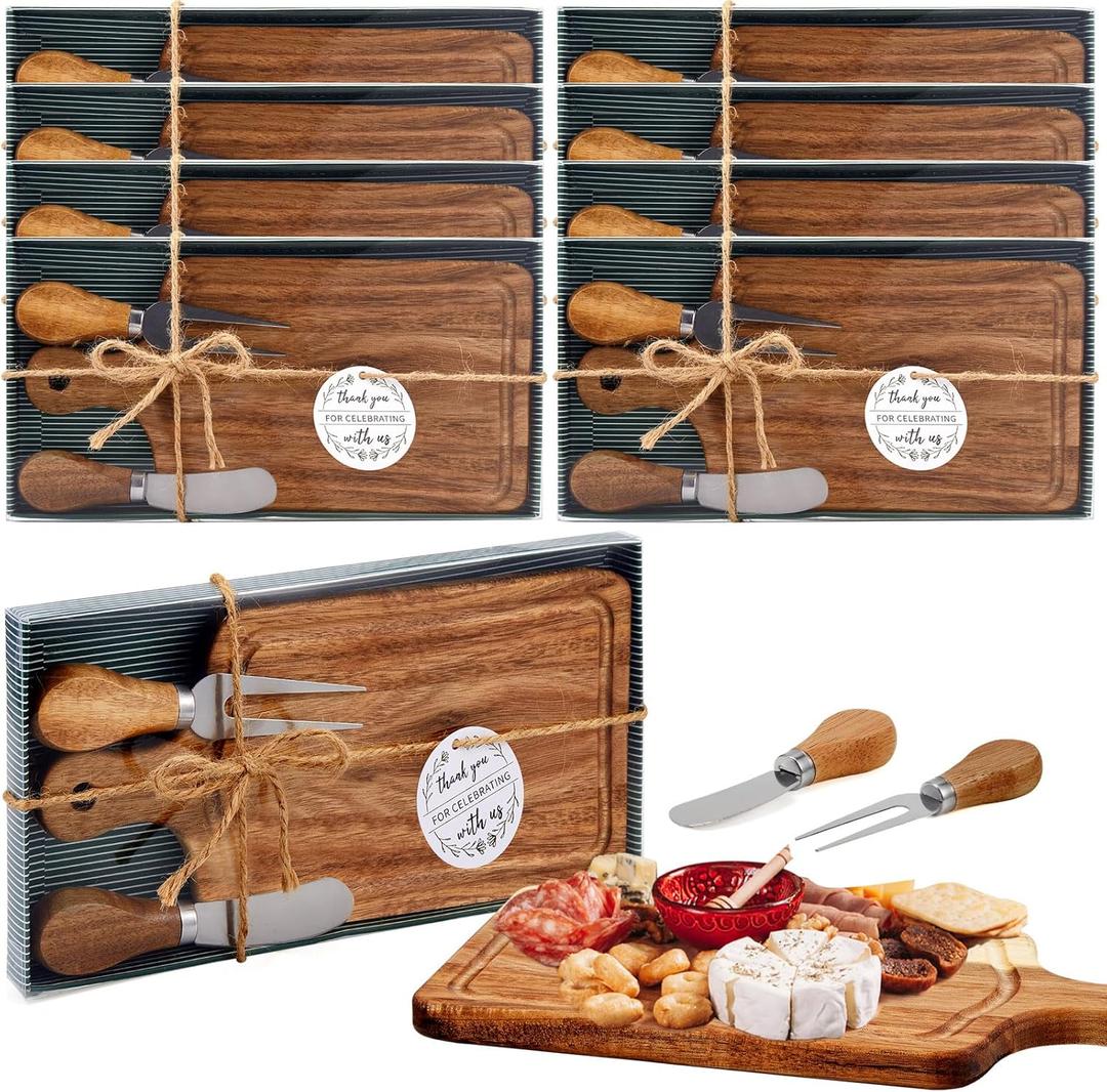 8 Sets Bridal Baby Shower Cheese Prizes Wooden Square Board Gift Set Knives Forks Thank You Tags with Box for Guests for Valentines Bridal Baby Shower Housewarming (Acacia Color)