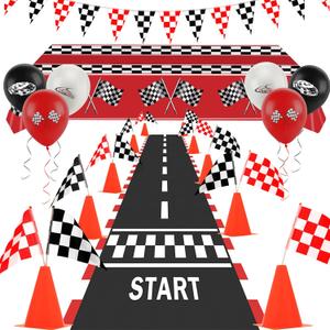 Race Car Party Decorations, Checkered Flag Party Supplies-12 Traffic Cones and 24 Racing Checkered Flags, 6.5Ft Racetrack Floor Runner and 9.8ft Banner, Tablecloth, Balloons and Ribbons