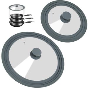 Universal Lid for Pots, Pans, and Skillets - 2 Pack Silicone Replacement Pan Lid Fits 7", 8" 9" & 10", 11", 12" Cookware - Tempered Glass Pot Lid Cover for Frying Pans, Cast Iron, CrockPot